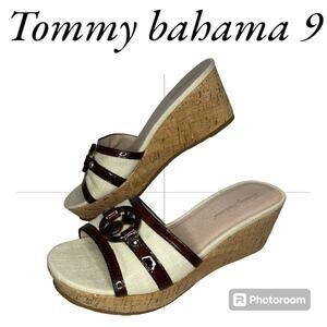 Tommy Bahama Womens 9 Tan pineapple Wedge Sandal Beige Brown Cork Beach Vacation